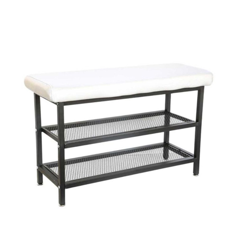 2 Tier Shoe Bench  White Padded Seat 100Cm